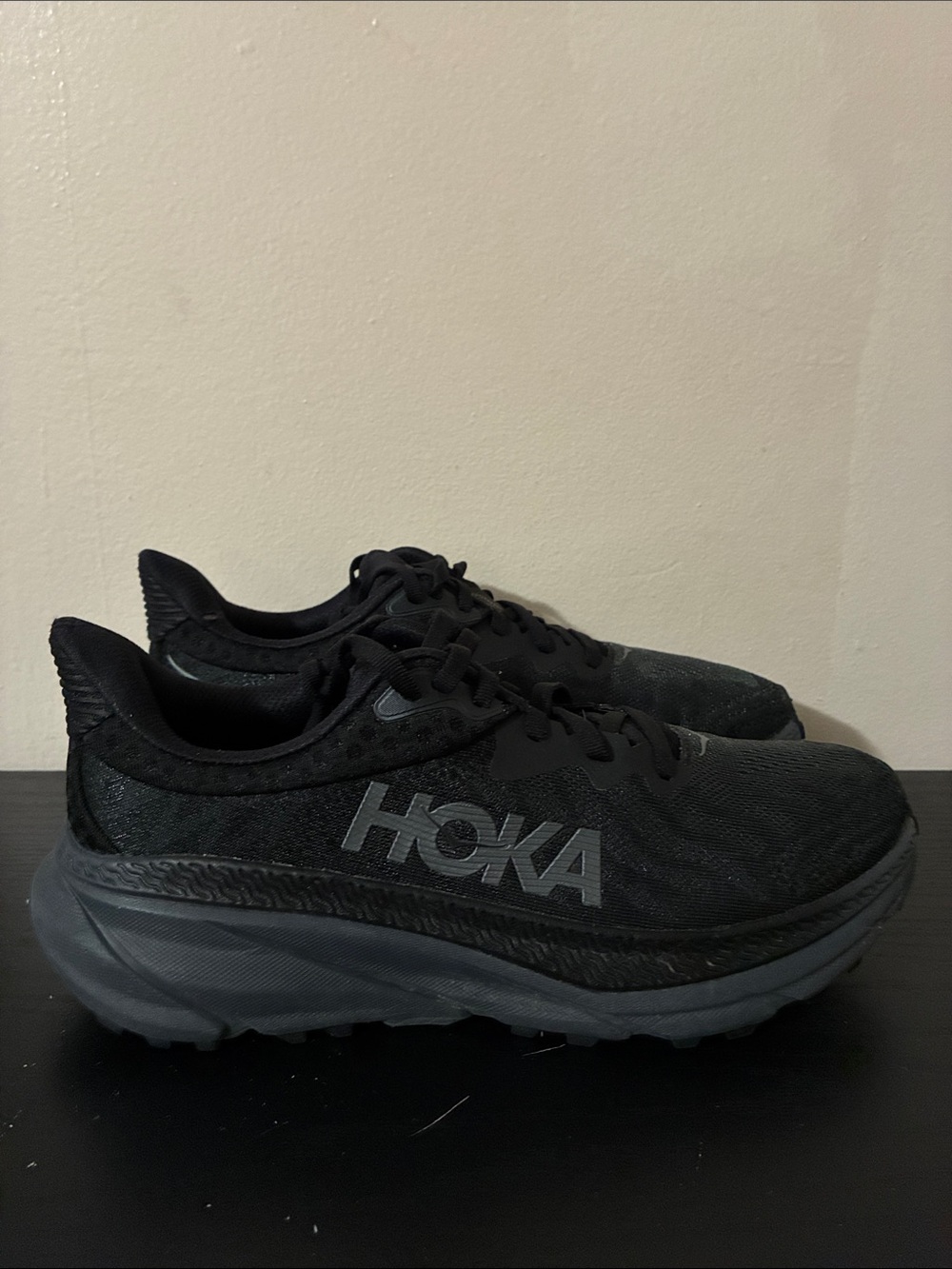 Hoka Challenger 7 GTX trail-running shoes in a sleek, all-black size 8.5